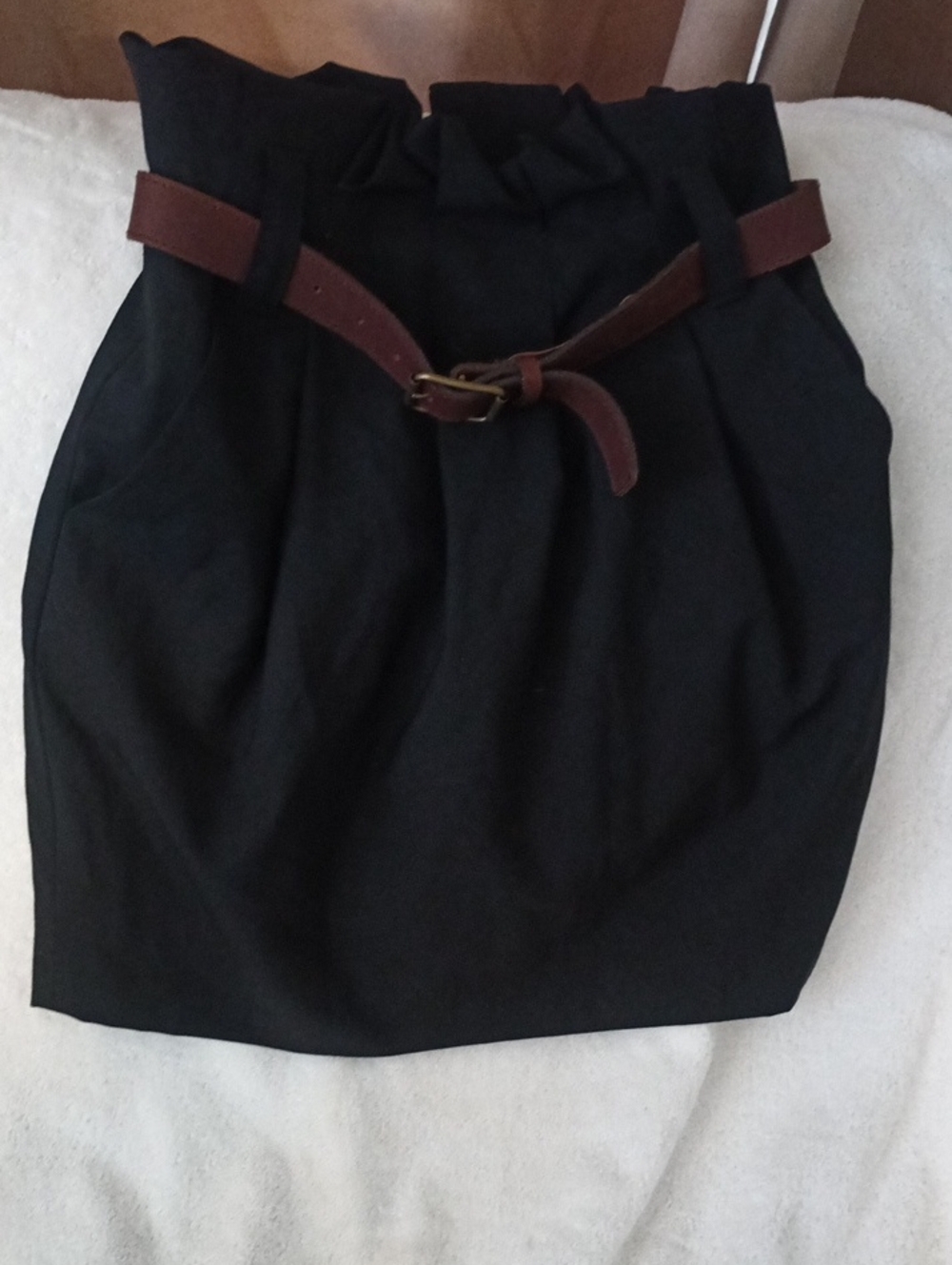 Elizabeth and James Black Paperbag Waist Pencil Skirt with Brown Belt
